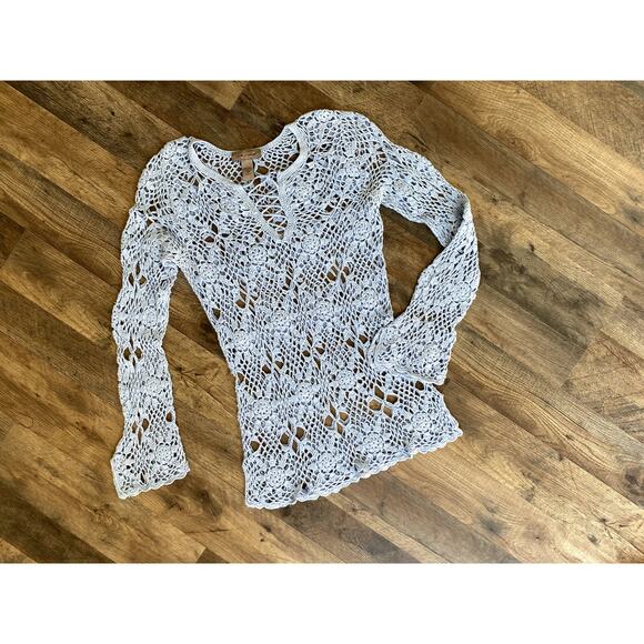 I.E. Relaxed Tops - Y2K Crochet Long Sleeve Top - Baby Blue - Women's Small